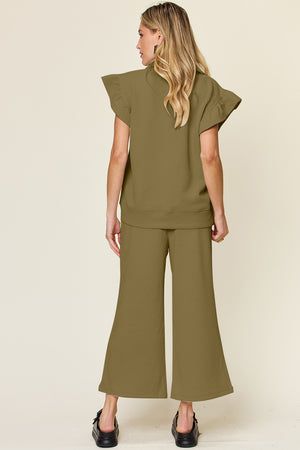 Texture Ruffle Short Sleeve Top and Drawstring Wide Leg Pants Set