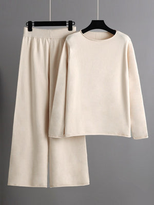 Rolled Round Neck Top and Pants Sweater Set