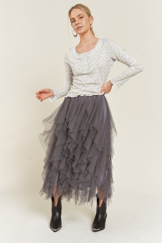 Layered Polka Dot Mesh Lined a-Line Midi Skirt