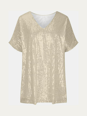 Full Size Sequin V-Neck Short Sleeve Top