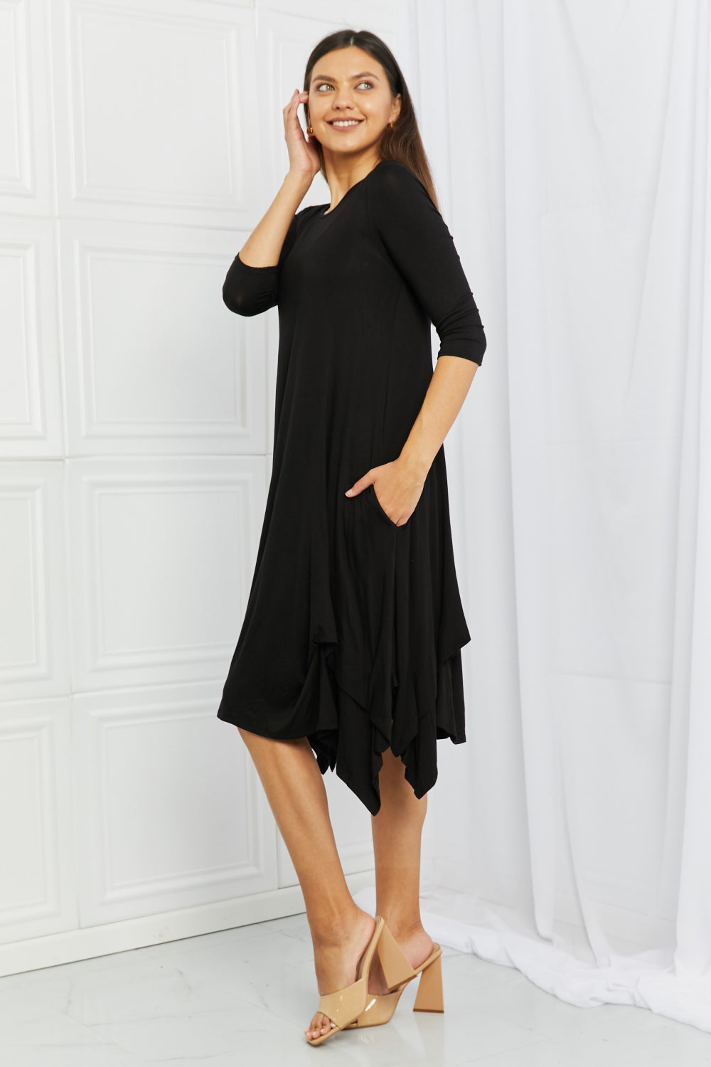 Pick-up Hem Asymmetric Midi Dress