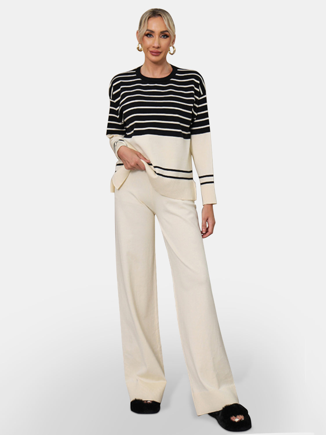 Striped Round Neck Long Sleeve Top and Pants Sweater Set