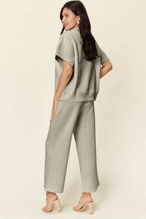 Texture Half Zip Short Sleeve Top and Pants Set