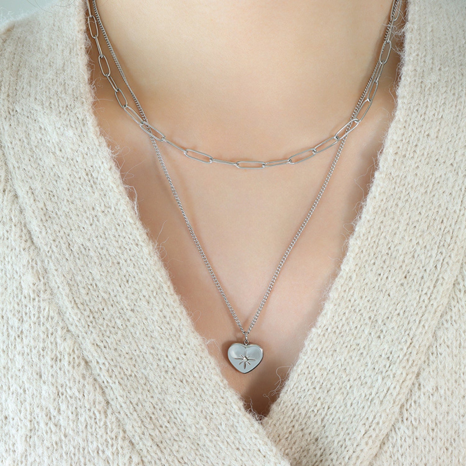 Inlaid Zircon Double Layered Heart Pendant Necklace