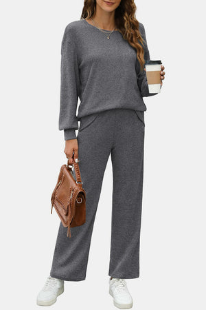 Round Neck Long Sleeve Top and Pants Set