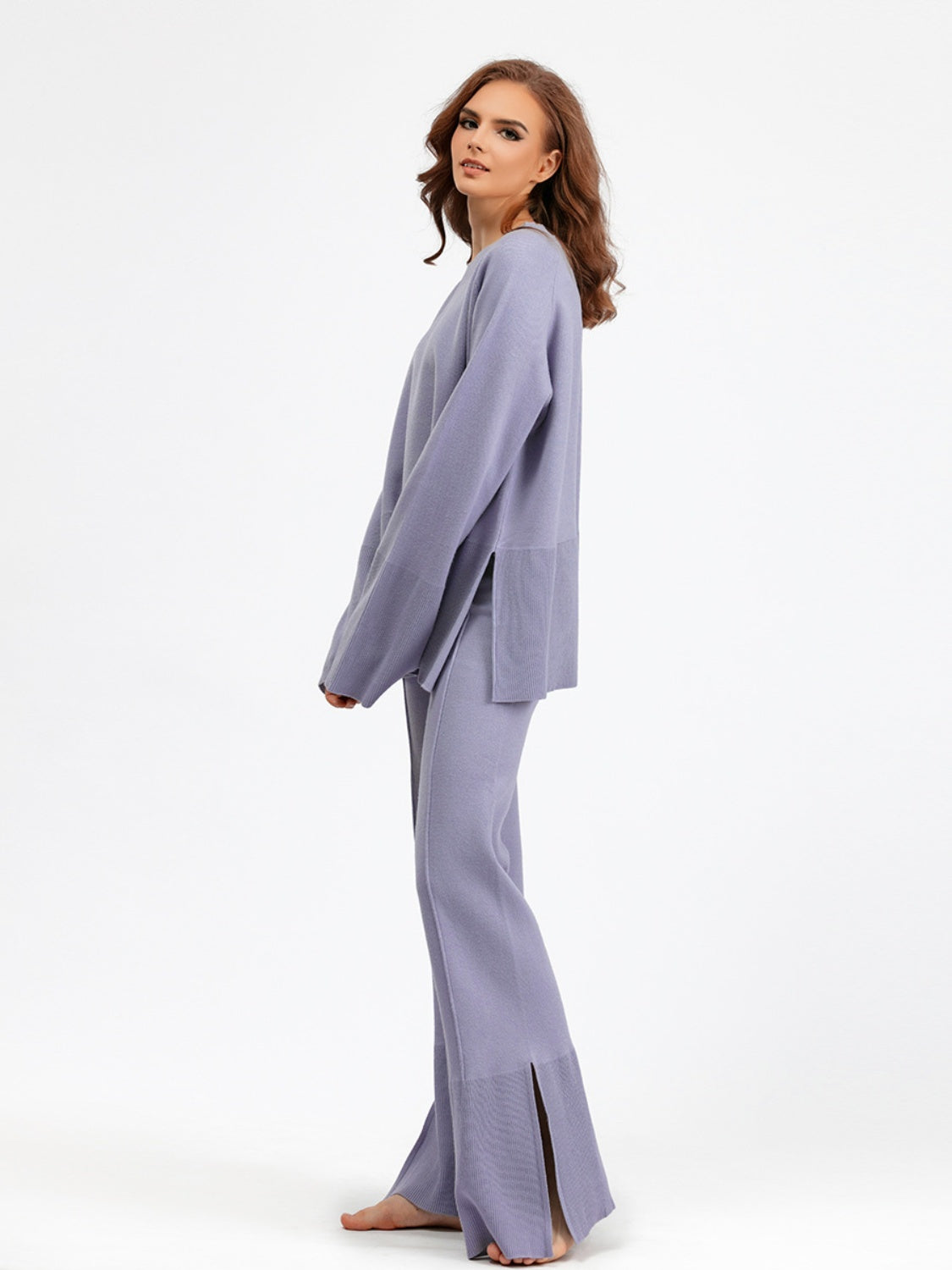 Slit Round Neck Long Sleeve Top and Drawstring Pants Sweater Set