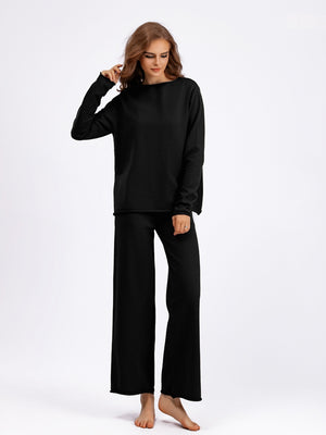 Rolled Round Neck Top and Pants Sweater Set