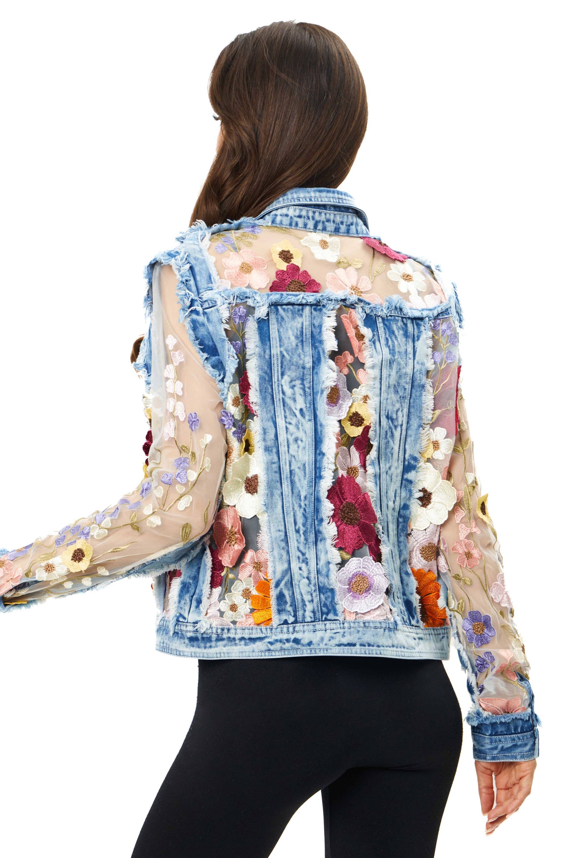 Denim Lace Jacket with Floral Embroidery