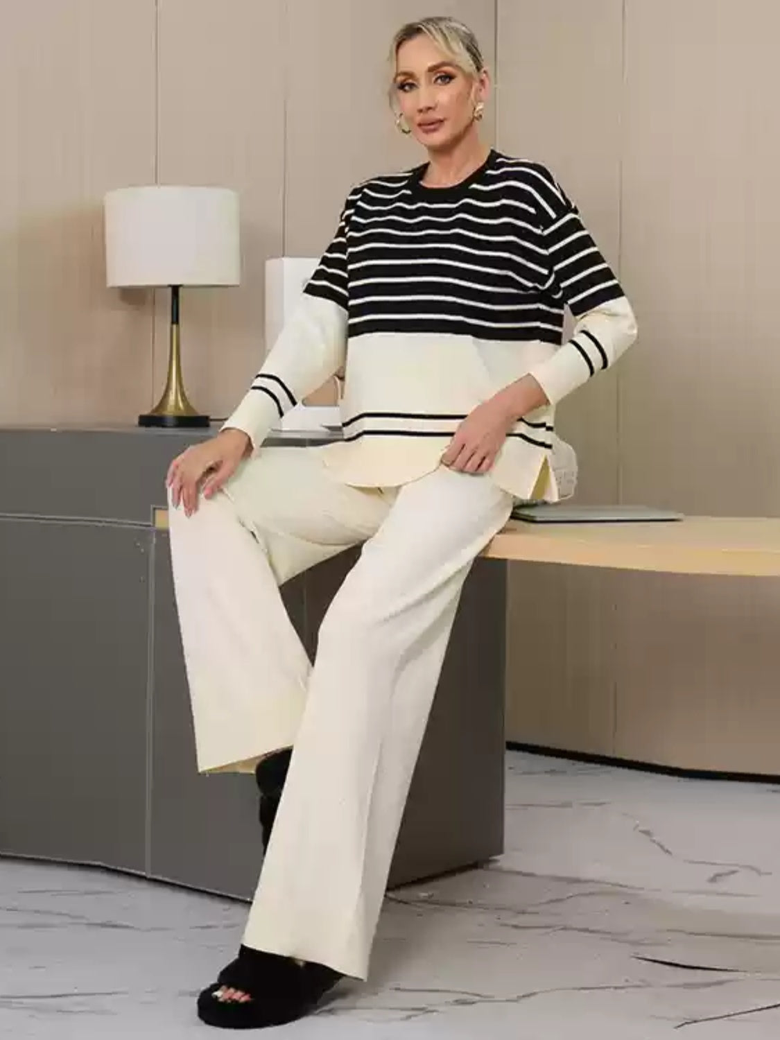 Striped Round Neck Long Sleeve Top and Pants Sweater Set