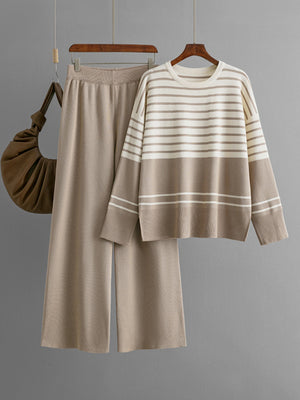 Striped Round Neck Long Sleeve Top and Pants Sweater Set