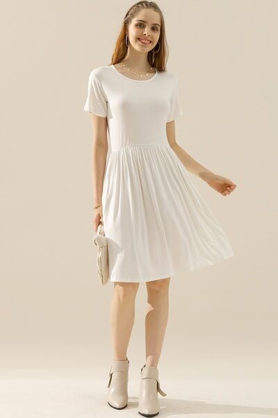 Round Neck Ruched Dress with Pockets