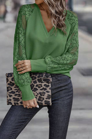 Ribbed V-Neck Lace Sleeve Top