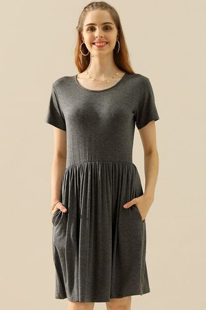 Round Neck Ruched Dress with Pockets