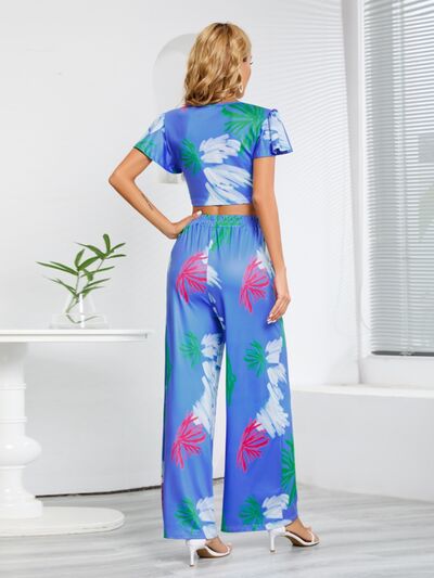 Printed V-Neck Top and Tied Pants Set