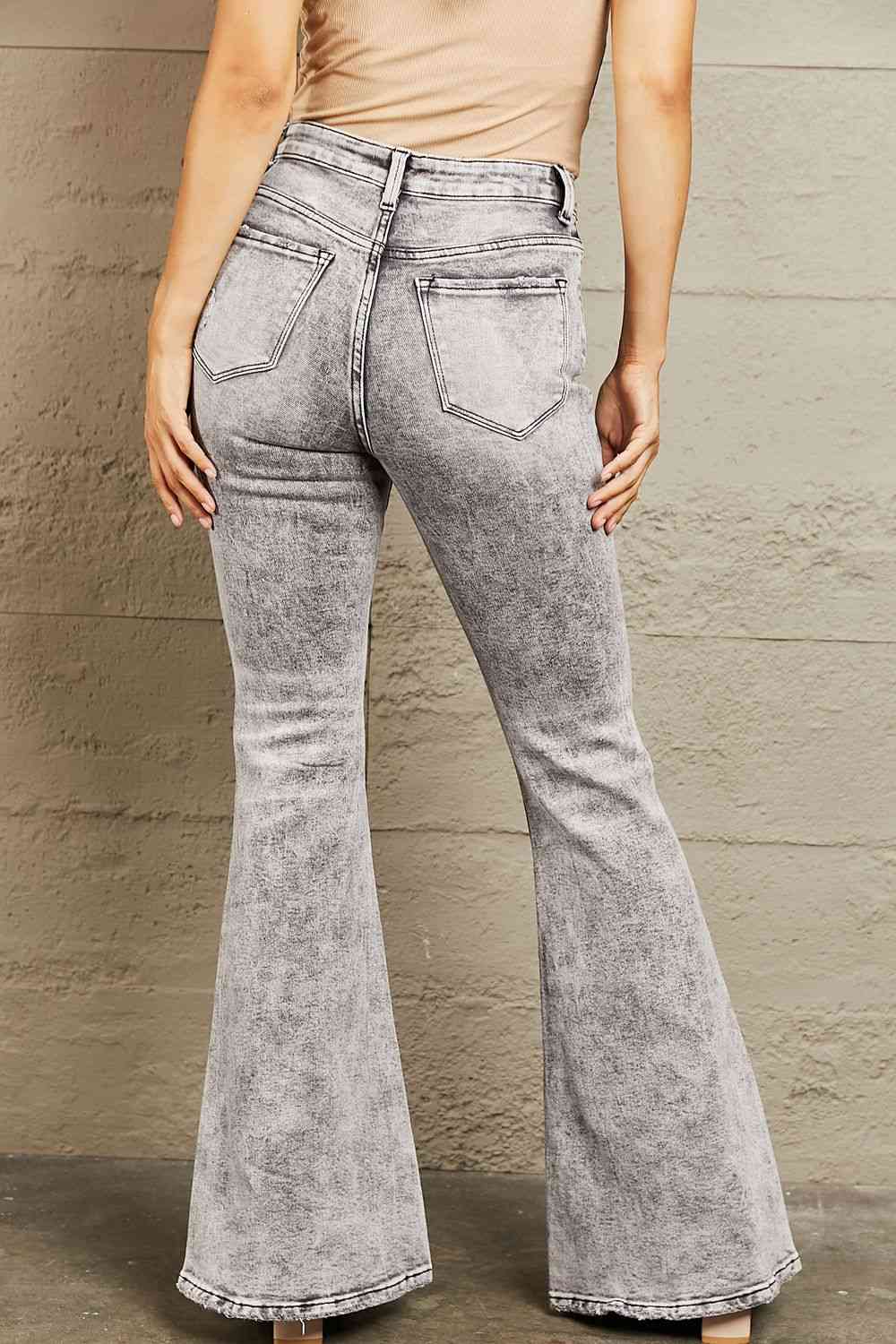 Retro High Waisted Acid Wash Flare Jeans