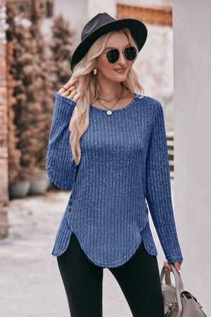 Double Take Buttoned Hem Detail Ribbed Top