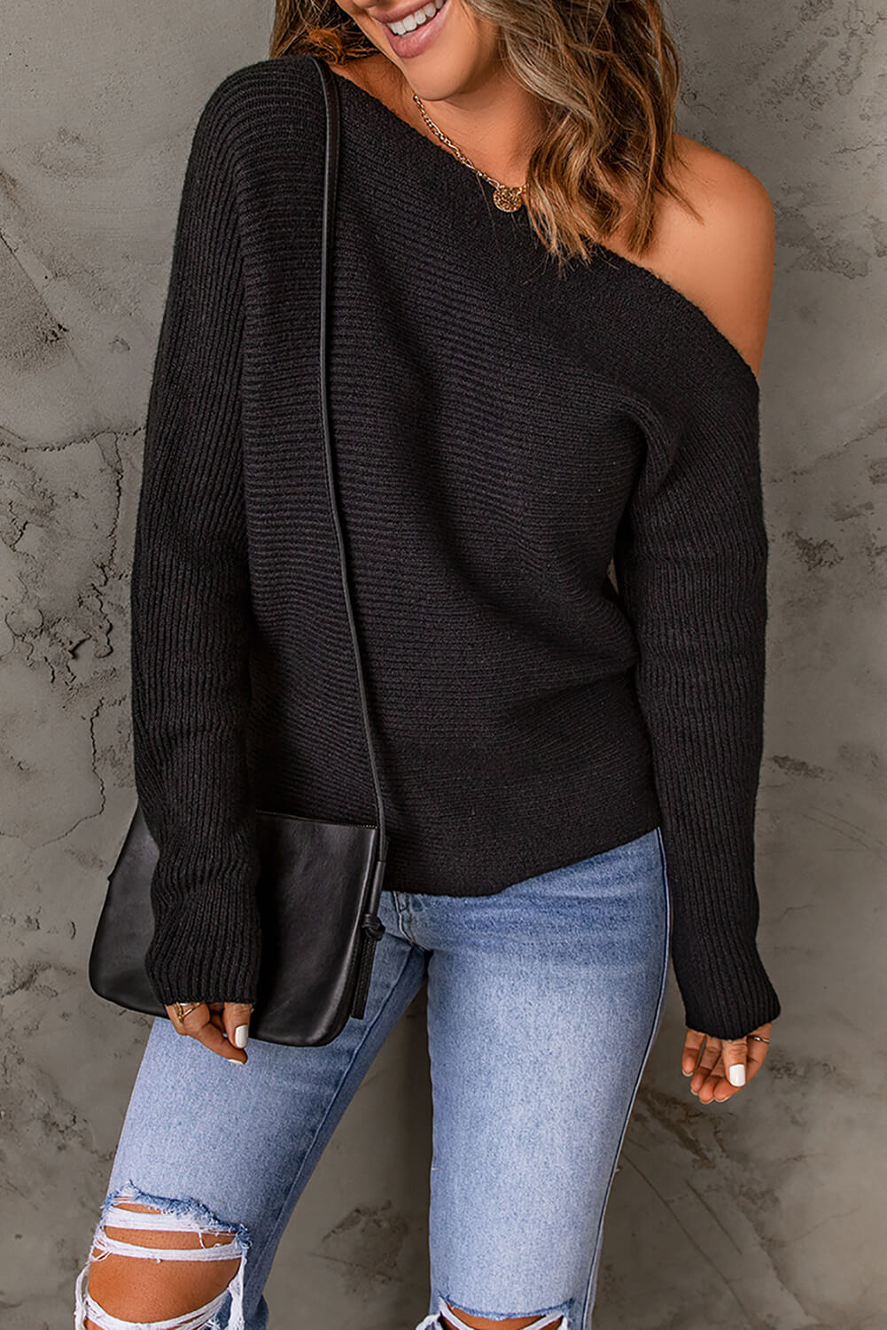 Horizontal Ribbing One Shoulder Sweater Sassy You Boutique