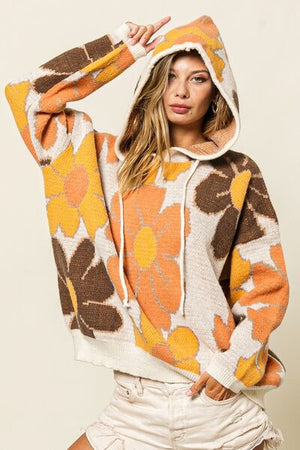 BiBi Flower Pattern Drawstring Hooded Sweater