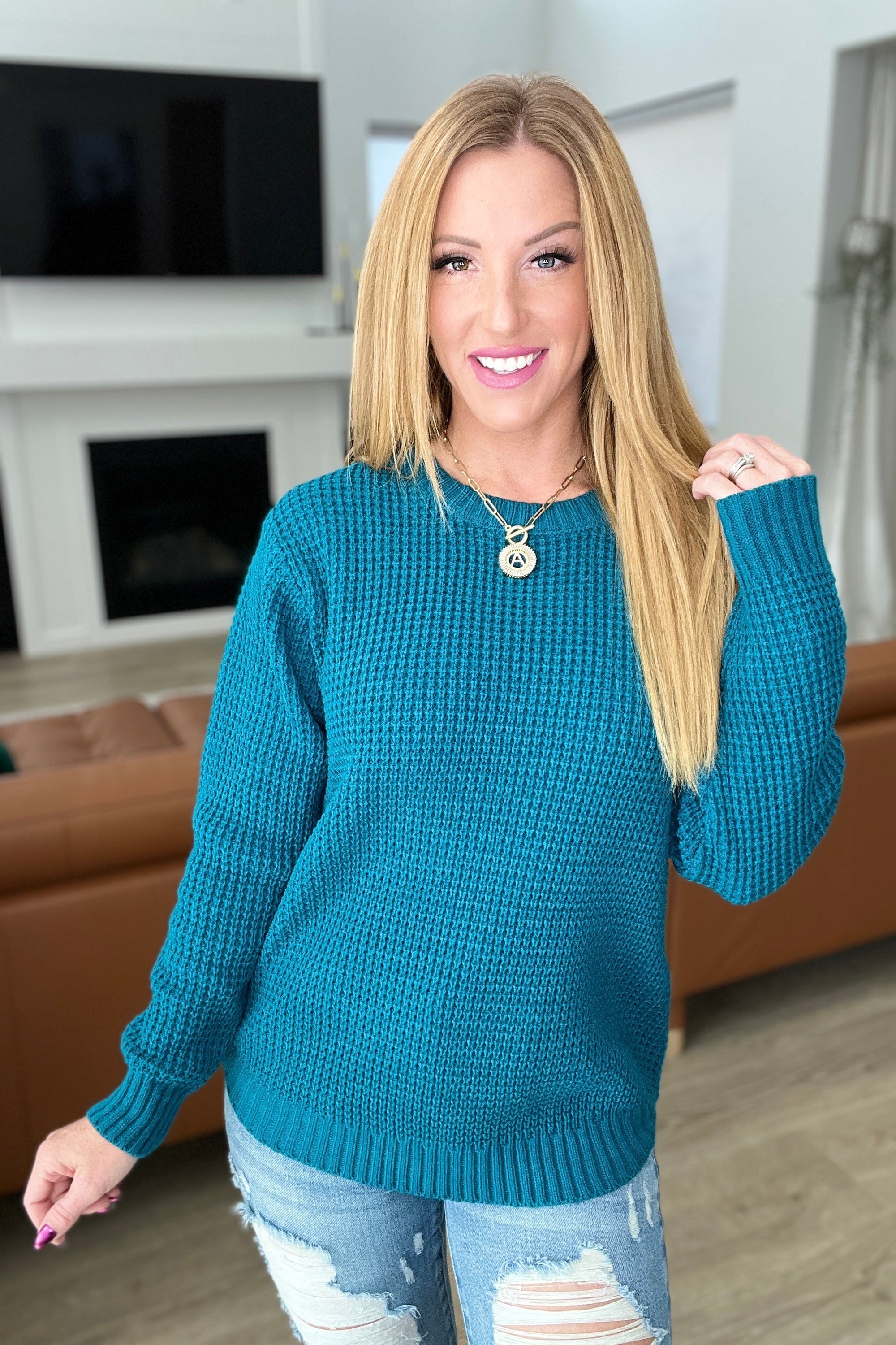 High Low Waffle Knit Sweater in Ocean Teal