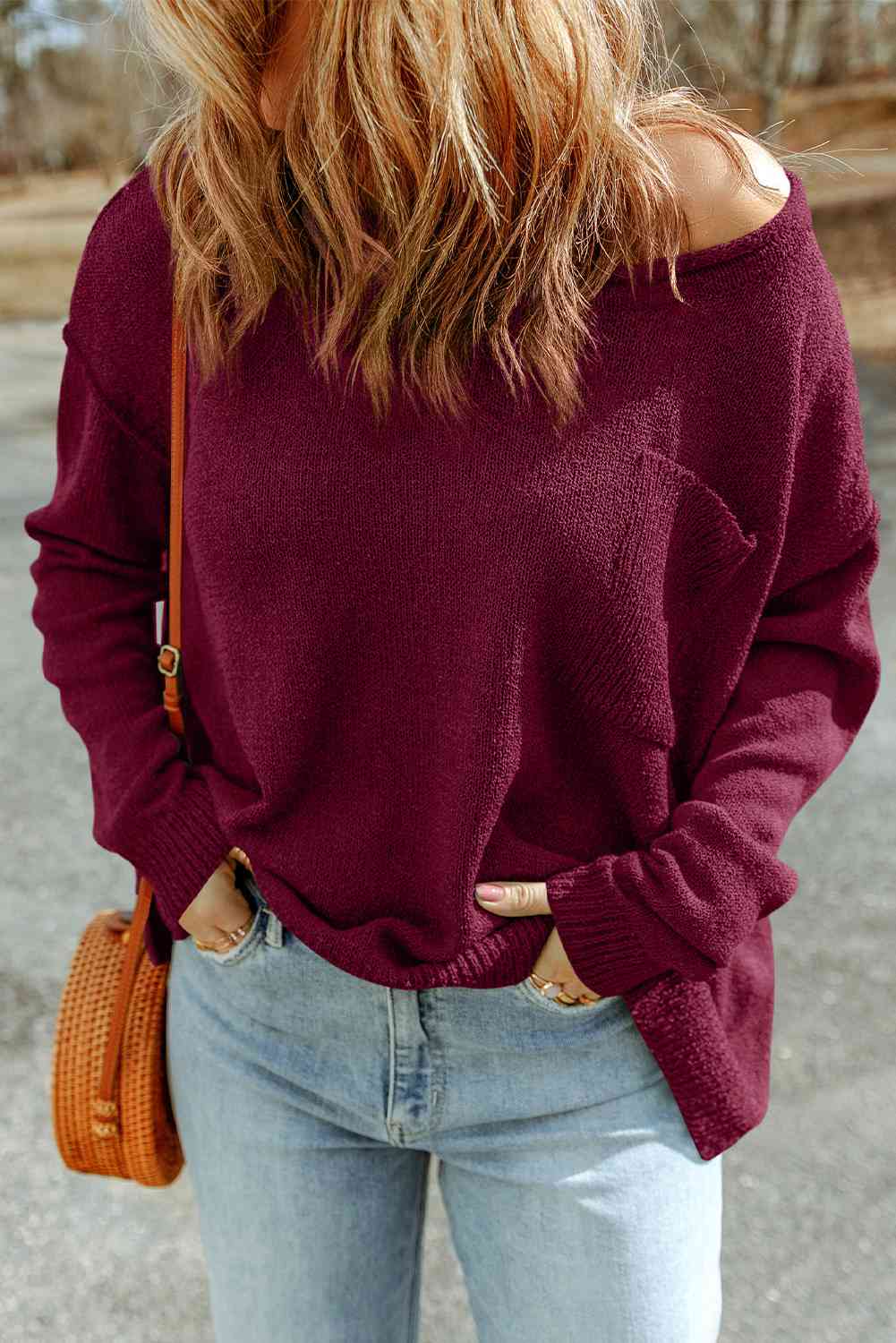 Casual Boat Neck Sweater Pullover with Pocket
