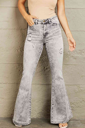 Retro High Waisted Acid Wash Flare Jeans