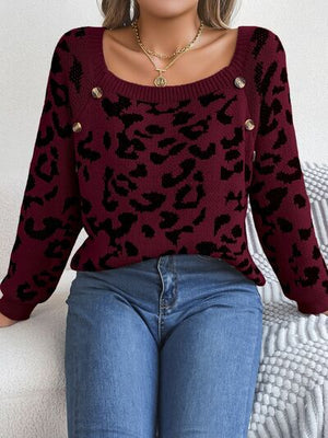Leopard Buttoned Square Neck Sweater